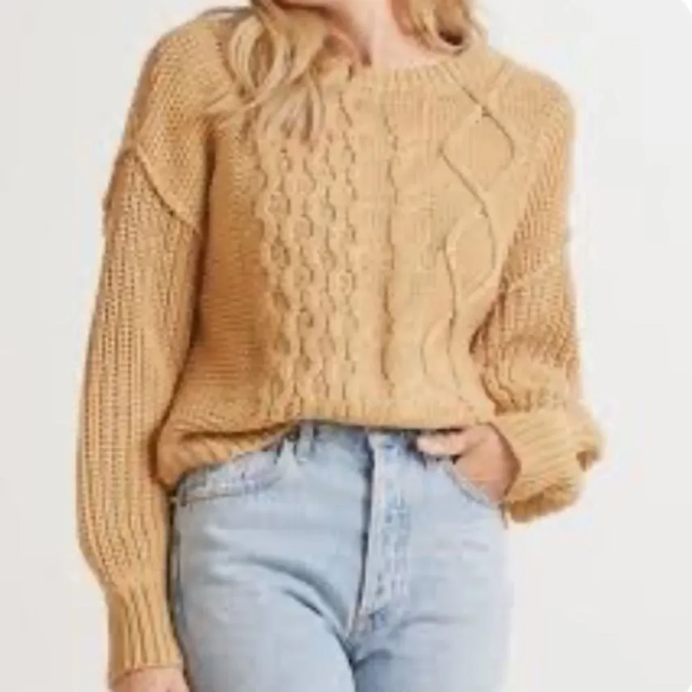 Free People Dream Cable Tan Crewneck Sweater L